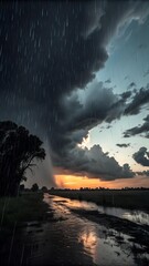 Scenic landscape featuring heavy rain during sunset with a flooded path and silhouetted