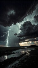 The image shows a dramatic lightning storm over a wetland landscape with dark clouds and heavy