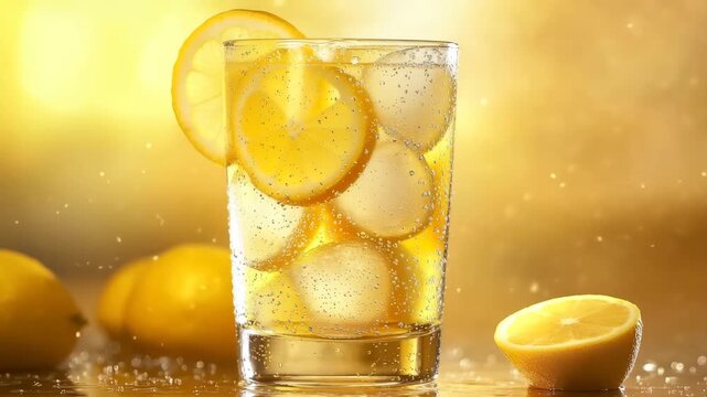 Macro Dolly Shot of Lemon Soda with Ice and Bubbles in a Clear Glass Against Vibrant Yellow Background &ndash; Cinematic Slow Motion with Golden Light and Fresh Condensation