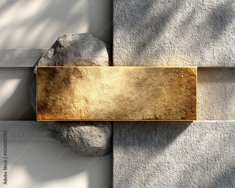 Aufkleber golden bar with rough texture placed on stone and concrete surface with shadow and light