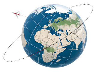Airplane flying around the earth with a dotted line showing travel routes