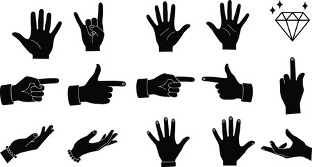 Black hand silhouette vector, different gesture icon pack, flat illustration of hand signs, pointing, waving, thumbs up, fingers, symbol collection design