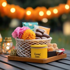 Gift basket with sweets, chocolates, flowers outdoors