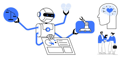 Fototapeta premium Robot multitasking with scales, heart, documents, and machinery, showcasing AI ethics, automation, and collaboration. Ideal for innovation, technology robotics decision-making human-AI