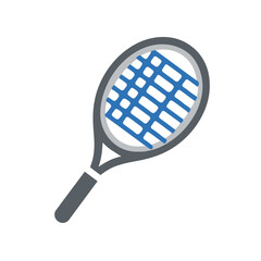Simple blue tennis racket icon for sports and recreational activity. Vector illustration of athletic equipment isolated on a white background.