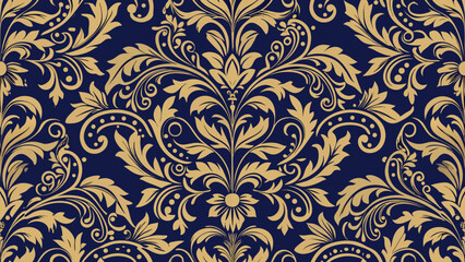 Golden floral damask pattern on navy blue background vector