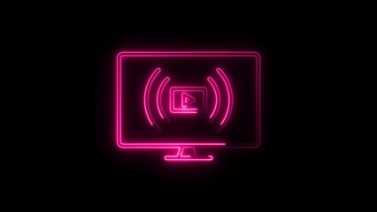 Pink neon glowing T V monitor with play button and signal waves on black background streaming video concept