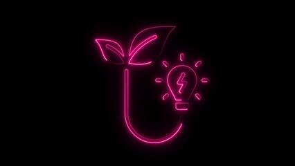 Pink neon light illustration of a plant growing into a lightbulb on a black background