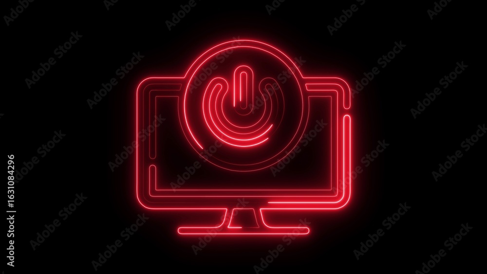 Poster red neon computer monitor with power button symbol glowing against a black background technology con