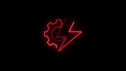 Red neon gear and lightning bolt symbol on black background representing energy and industry