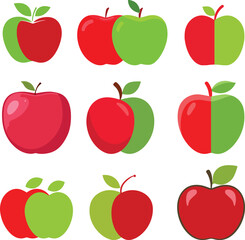 Vector set of red and green apples. Flat design fruit icons illustrating variety, choice, and healthy eating concepts.