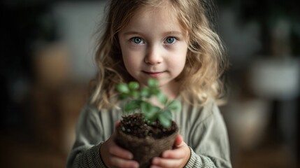 Fototapeta premium Little Girl Holding a Plant, a Symbol of Growth and Nature