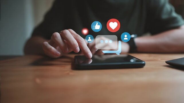 Person using a smartphone with social media icons floating above the screen representing online engagement and digital communication