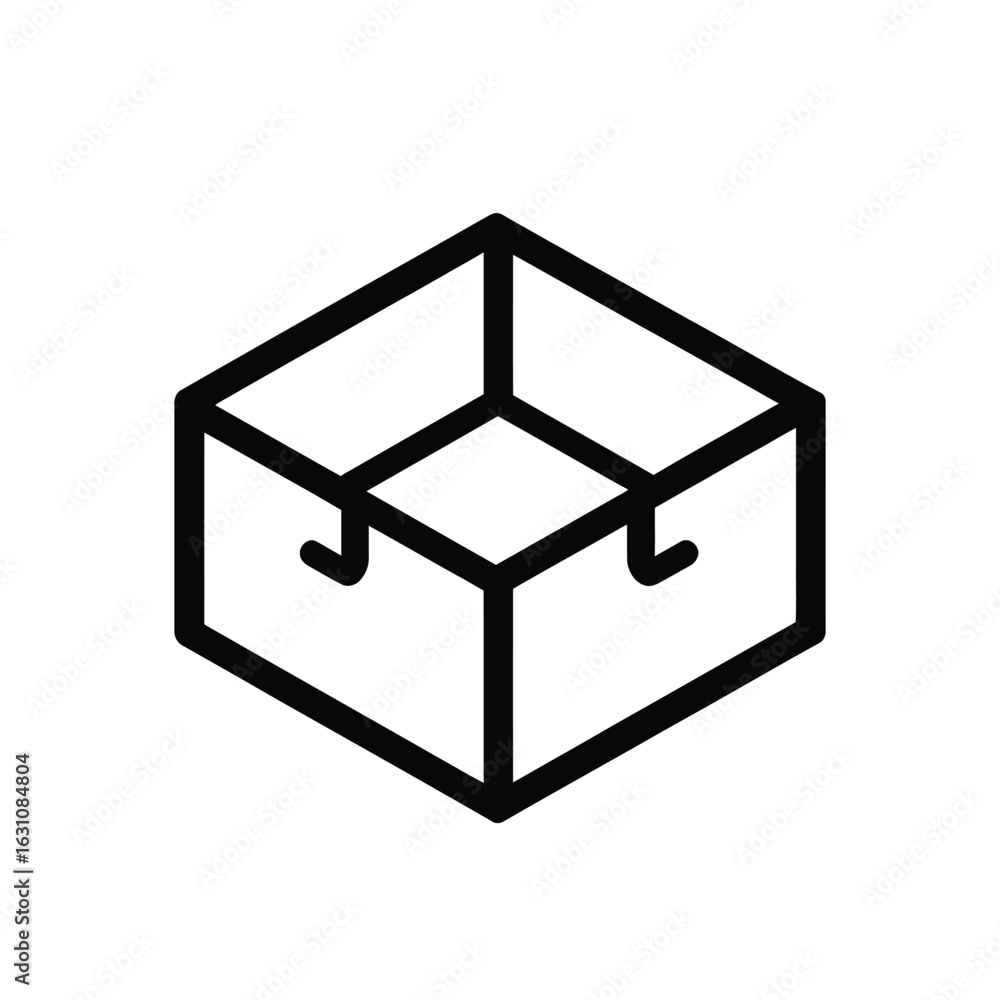 Poster open isometric box icon with handles in black outline on transparent background