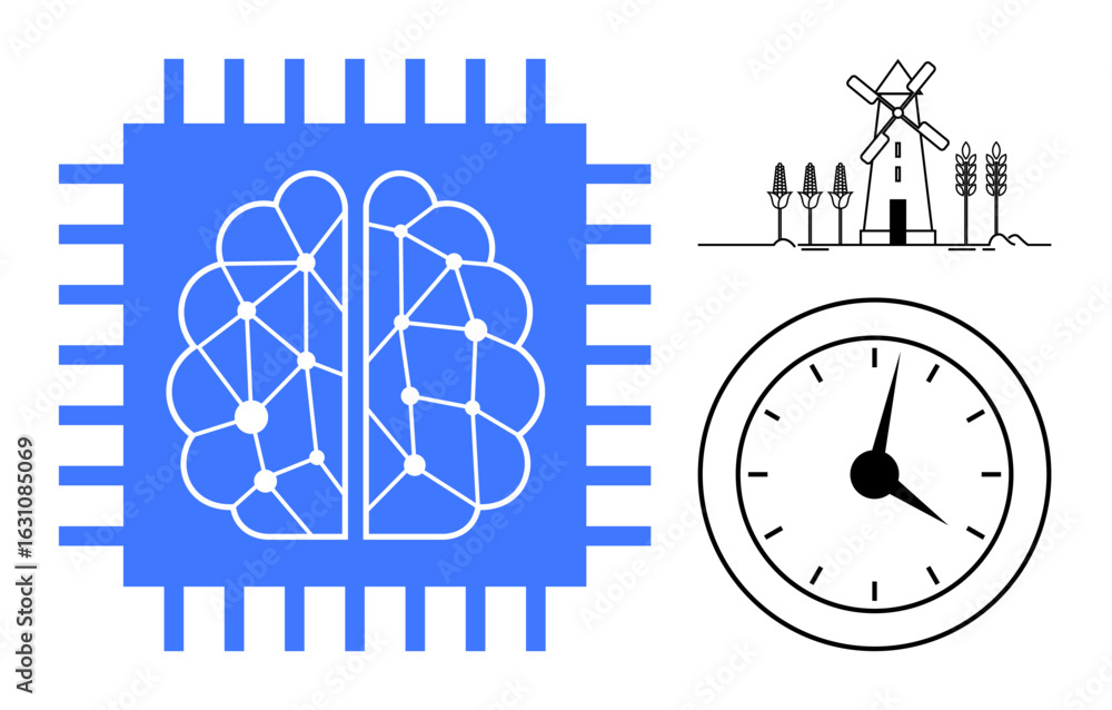 Aufkleber neural network within a microchip, windmills with crops, and a clock symbolizing ai, green energy, a