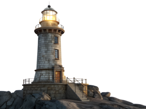 Old stone lighthouse standing on a rocky cliff at night