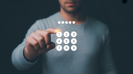 Man s finger touching digital keypad with binary code above representing cybersecurity and data protection