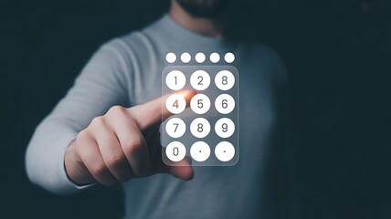 Close up of a man s finger pressing a button on a virtual calculator keypad interface on a dark background