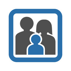 Family icon with two parents and a child in a blue frame. Vector graphic symbol for family values and relationships.