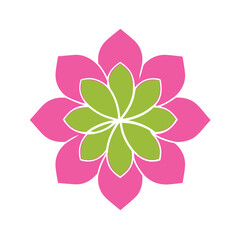 Stylized pink and green lotus flower icon. Simple floral graphic design element for wellness, beauty, and nature concepts.