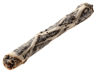 A long, twisted dog chew toy, light beige and dark gray
