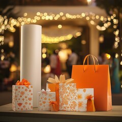 Wrapped gifts and shopping bag, festive bokeh background