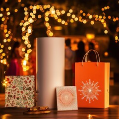 Christmas presents and golden bokeh lights
