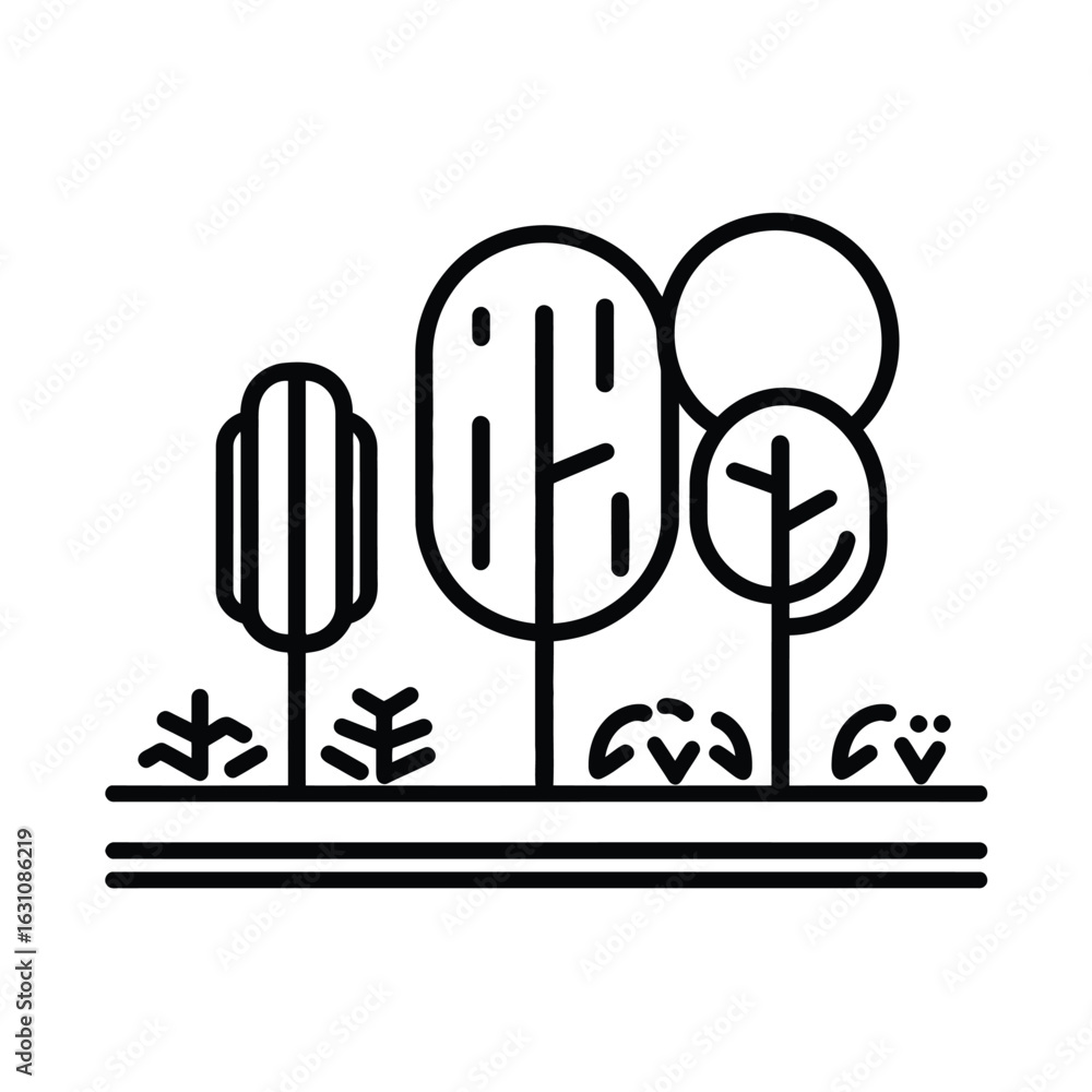 Poster outline forest landscape with trees and bushes on transparent background