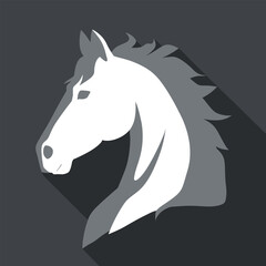 Stylized Flat Design Icon of a White Horse Head with a Flowing Mane on a Dark Gray Background