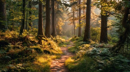 Fototapeta premium Sunlit Forest Path: A Serene Woodland Walk