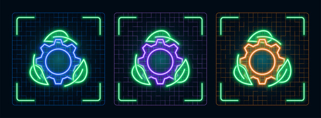 Eco friendly work concept, cog wheel green industry icon illustration, ecology green environment vector symbol collection, cyber neon visual, glowing borders frames.	