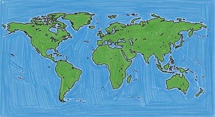 A hand drawn illustration of the world map showing continents and oceans in vibrant green and blue colors
