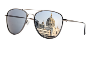Aviator sunglasses reflecting a grand domed building against a black background