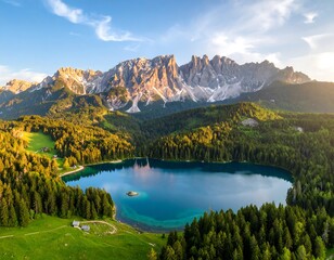 Panoramic view of a serene lake nestled amidst lush green forests and majestic mountains bathed in the golden light of sunset