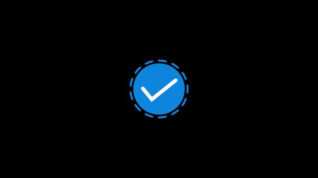 Blue check icon pulsing on black background symbolizes success, approval, verified action. Use of this footage fits UI design, app animation, message alerts, task completion, confirmation visuals.