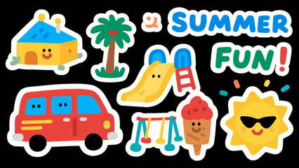Fototapeta premium A charming vector illustration set of 'Summer Buddies' stickers. Includes a cartoon crab, duck, cat, and dog enjoying sunny weather.