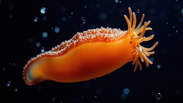 Vibrant orange sea cucumber with feathery tentacles drifts gracefully through dark aquatic depths adorned with shimmering bubbles
