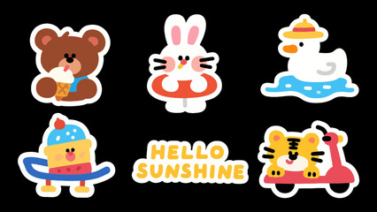 Fototapeta premium A charming vector illustration set of 'Summer Buddies' stickers. Includes a cartoon crab, duck, cat, and dog enjoying sunny weather.