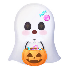 Cute ghost with pumpkin candy bucket halloween
