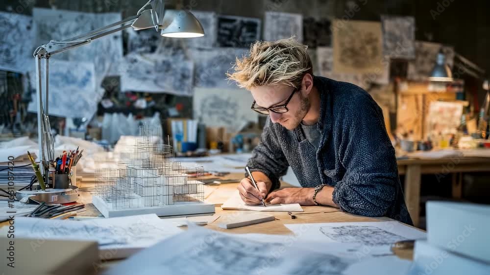 Poster side view of an industrial designer using sandpaper to smooth edges of a scale model surrounded by s