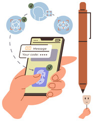 Hand holding smartphone displaying biometric login, code verification, face recognition, and ID card validation. Ideal for cybersecurity, privacy, app security, authentication, data access tech