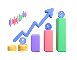 Chart showing coins, rising arrow, candle sticks; finance, investment, growth concepts use