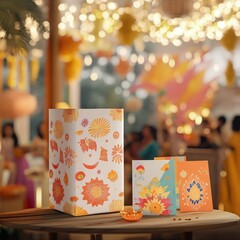 Gift box, cards, festive celebration, bokeh lights