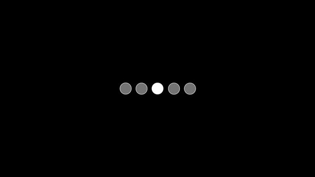 Sequential pulse movement of gray circles over black background, simulating modern loading indicator. minimal design enhances user interface, digital platform, video buffering, system activity visuals