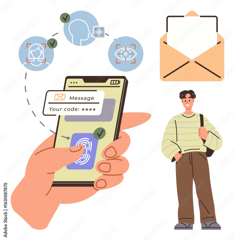 Poster mobile phone with fingerprint scan, face recognition, eye scan icons, verification codes, email enve