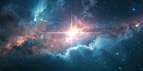 A star shining brightly in a vast, star-studded sky with a nebula and a galaxy in the background, with a hint of a planet or starship in the distance