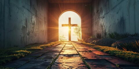 Fototapeta premium A wooden cross stands prominently in the center of a cave, casting a warm glow through the opening