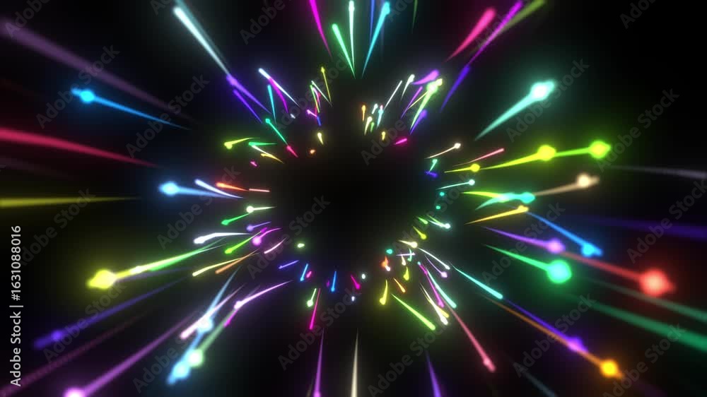 Wall mural 3d animation of a vibrant multicolored lights and particles leaving visible trails. glowing neon lin