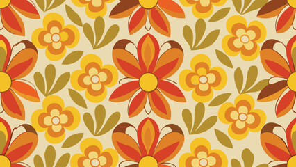 Retro floral pattern with orange yellow and brown flowers and leaves vintage 1970s