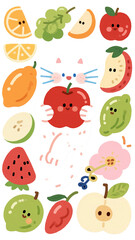 Fototapeta premium Cute Fruit & Cat Sticker Illustration, Colorful Style for Diary Decor